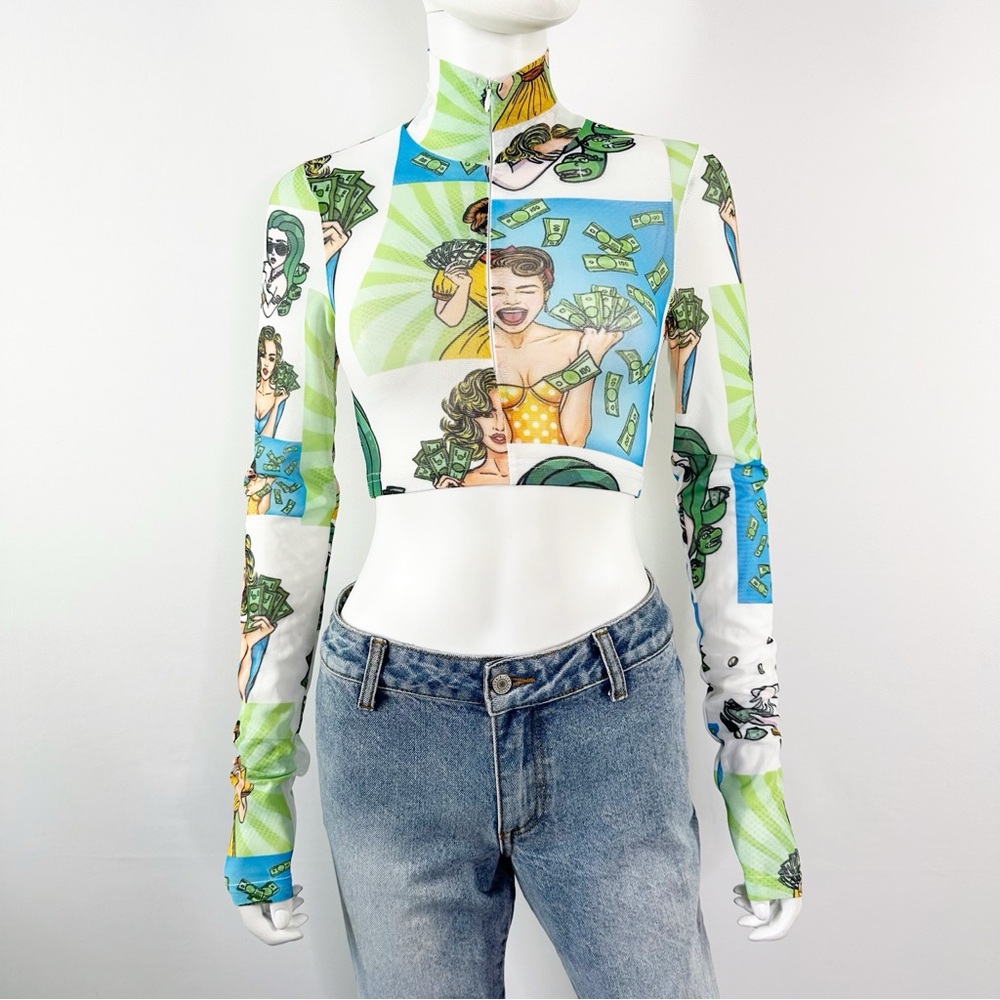 Shane Justin Cropped Mesh Zip Up Jacket Top Size XS Money Dollar Bills Print